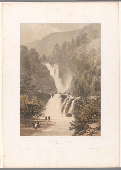 Vandrare med utsikt över vattenfallet Reichenbach Chateau inferior du Reichenbach (titel på objekt) Ansikten i Schweiz och Savoy (serietitel) La Suisse et la Savoie (serietitel på objekt) av Eugene Ciceri