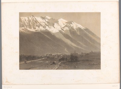 Utsikt över Chamonix vid foten av Mont Blanc Le Mont Blanc et Chamonix (titel på objekt) La Suisse et la Savoie (serietitel) Ansikten i Schweiz och Savoy (serietitel på objekt) av Eugene Ciceri