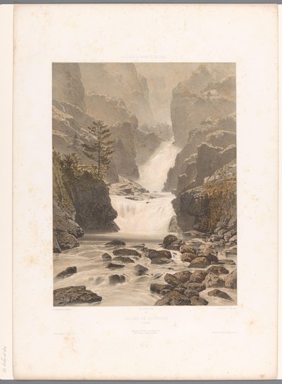 Utsikt över Barberine-vattenfallet nära Vallorcine Cascade de Barberine (titel på objekt) Ansikten i Schweiz, Savojen och Tyrolen (serietitel) La Suisse, la Savoie et le Tyrol (serietitel på objekt) av Eugene Ciceri