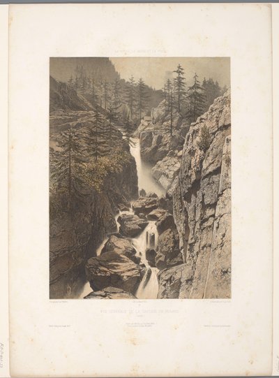 Zicht op de Bérard-waterval Översikt över Cascade de Bérard (titel på objekt) Gezichten i Schweiz, Savoy in Tirol (serietitel) Schweiz, Savojen och Tyrolen (serietitel på objekt) av Eugene Ciceri