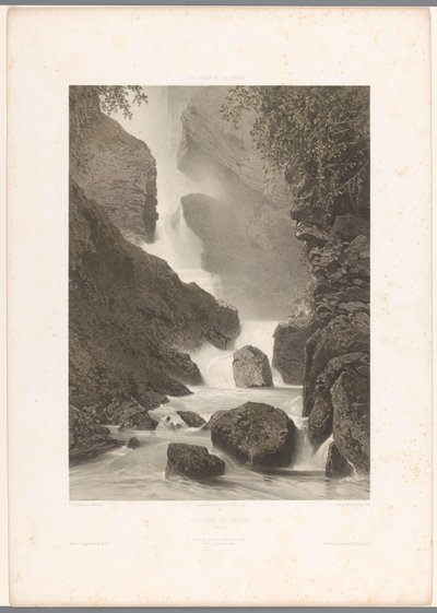 Utsikt över vattenfallet Chède Cascade de Chède (titel på objekt) La Suisse et la Savoie (serietitel) Ansikten i Schweiz och Savoy (serietitel på objekt) av Eugene Ciceri