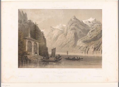 Utsikt över Tells-kapellet vid Luzernsjön La Chapelle de G.me Tell et le lac des Quatre-Cantons (titel på objekt) Visningar i Schweiz, Savojen och Tyrolen (serietitel) La Suisse, la Savoie et le Tyrol (serietitel på objekt) av Eugene Ciceri