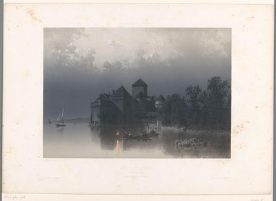 Utsikt över Chillon Castle vid Genèvesjön Château de Chillon (titel på objekt) Ansikten i Schweiz och Savoy (serietitel) La Suisse et la Savoie (serietitel på objekt) av Eugene Ciceri