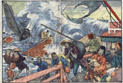 En maree raz och en tyfon drabbade Japan. Illustration av simning. I "Le Pelerin"" i oktober av Eugene Damblans