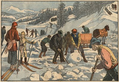 Alpinvånare samlar isblock på vintern för sommaren. I bakgrunden utövar män vintersport. Illustration av Damblans. I "" Le Pelerin"" den 18 december av Eugene Damblans