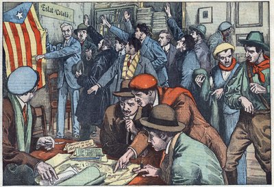 Katalanska separatister förbereder sin komplott i Paris. Illustration av Damblans. I "" Le Pelerin"" den 28 november av Eugene Damblans