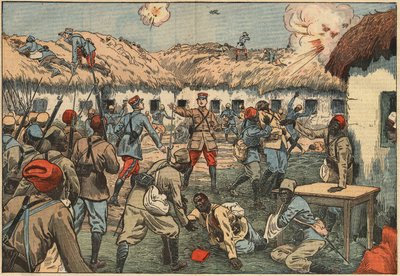 Kolonialtrupper låste upp Aoulay (Aoulai)-posten i Marocko under kapten Duboin. Illustration av Damblans. I "" Le Pelerin"" den 7 juni av Eugene Damblans