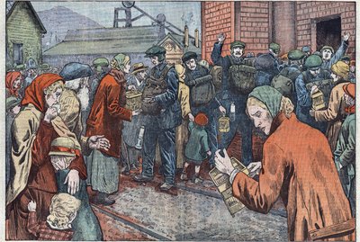 Efter explosionen i Cwn-gruvan (Wales), tog gruvarbetarnas kvinnor med sig sina kanariefåglar för att rädda eldspännet. Illustration av Damblans. I "" Le Pelerin"" den 20 mars av Eugene Damblans