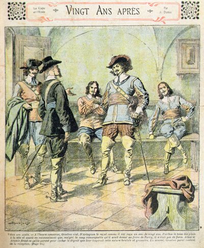 Framsidan av en serieutgåva av "Vingt Ans Apres" av Alexandre Dumas pere (1803-70) från "Journal des Romans Populaires Illustres", ca 1900 (litografi i färg). av Eugene Damblans