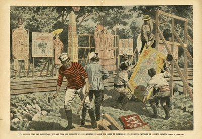 Illustration av Eugene Damblans (1865-1945) i Le Pelerin, 03/09/05 - Japanerna gör ett gigantiskt anspråk på sin industris produkter längs järnvägslinjer med affischer i olika former - Reklam, Japan, Järnvägståg, Affischer Affischer av Eugene Damblans