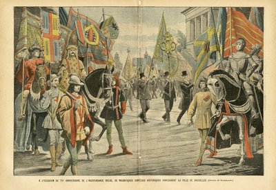Illustration av Eugene Damblans (1865-1945) i Le Pelerin, 06/08/05 - Med anledning av 70-årsdagen av Belgiens självständighet reser magnifika historiska kortege genom staden Bryssel - Belgien, Historia, Flaggor, Bryssel, Commemoratio av Eugene Damblans