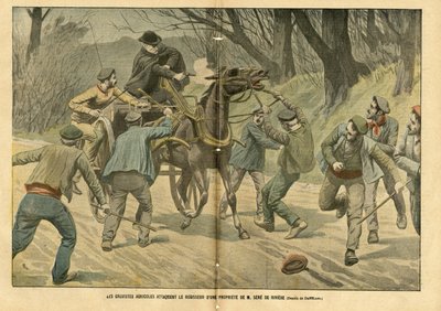 Illustration av Eugene Damblans (1865-1945) i Le Pelerin, 31/01/04 - Jordbruksgrevister attackerar registratorn av en fastighet tillhörande M. Sere de Riviere - Socialt, Olika fakta, Greve, Transport, Jordbruk, Skog, Caleche Fiacre Cab - Arbetare, Hästhäst av Eugene Damblans