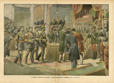 Illustration av Eugene Damblans (1865-1945) i Le Pelerin, 03/04/04 - I Japan presiderar Mikado över parlamentets öppningssession - Japan, Deputeradehusets hemicycle, Mikado, intern arkitektur - Mikado av Eugene Damblans