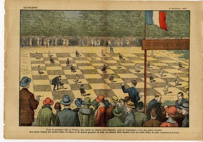 Illustration av Eugene Damblans (1865-1945) i Le Pelerin, 04/09/27 - För första gången i Frankrike, ett spel för damer... Live schackbräde - Spel, Hobbies, Crowd, Checkers av Eugene Damblans
