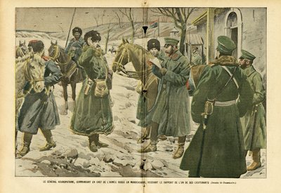 Illustration av Eugene Damblans (1865-1945) i Le Pelerin, 05/03/05 - General Kuropatkin, överbefälhavare för den ryska Armeen i Manchuriet, tar emot rapporten från en av hans löjtnanter - Ryssland, Armeen, Manchuriet, Ryssland -Japanska kriget, snö - Gener av Eugene Damblans