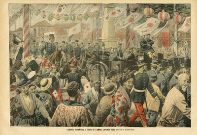 Illustration av Eugene Damblans (1865-1945) i Le Pelerin, 05/11/05 - Den japanska amiralen Togos triumferinfart till Tokio - Armee, Japan, Folkmassan, Tokyo - Amiralamiralerna, Togo Heihachiro (1848-1934), civila av Eugene Damblans