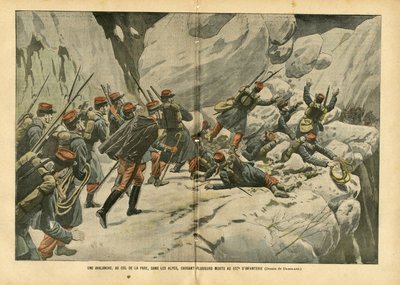 Illustration av Eugene Damblans (1865-1945) i Le Pelerin, 06/03/04 - En lavin, vid Pare-passet, i Alperna, som orsakade flera dödsfall vid 157:e infanteriet - Olika fakta, Armee, bergsbestigning, klättring, infanteri , Alperna, Lavin - Soldat av Eugene Damblans