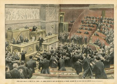 Illustration av Eugene Damblans (1865-1945) i Le Pelerin, 06/11/04 - Efter att ha förolämpat påven och korset, förolämpade M. Combes M. Ribot som steg ner från podiet, påhejad av två tredjedelar av deputerade - Chamber of Deputerade Hemicycle, Fighting, Ri av Eugene Damblans