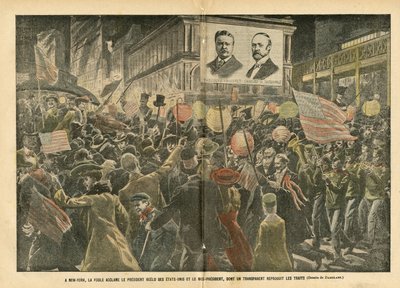 Illustration av Eugene Damblans (1865-1945) i Le Pelerin, 20/11/04 - I New York hejar folkmassan på USA:s omvalda president och vicepresidenten, vars transparenta återger funktionerna - Amerika USA, val, arkitektur Urbani av Eugene Damblans
