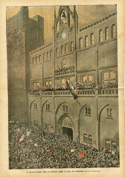 Illustration av Eugene Damblans (1865-1945) i Le Pelerin, 23/06/07 - Doktor Ferroul, borgmästare i Narbonne, ger signalen till nedläggningarna - Social, Stadsarkitektur, Vin, Emutes revolts, Wine crisis Vineyard Revolte des vignerons, Narbonne, Mayor, Fer av Eugene Damblans