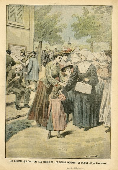 Illustration av Eugene Damblans (1865-1945) i Le Pelerin, 24/07/04 - Dekret som driver ut bröder och systrar gör folket indignera - Undervisning, Religion Tro, folkmassa, katolsk katolicism - Separation av kyrka och stat, Vräkningar av religiösa, Lär ut i av Eugene Damblans