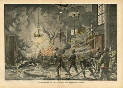 Illustration av Eugene Damblans (1865-1945) i Le Pelerin, 26/06/04 - Kyrkan i Suresnes, nära Paris, bränns av apacherna - Diverse fakta, Religion Tro, Osäker, Cathedrale Churches, Brand, Suresnes, katolsk katolicism - Apaches proxen av Eugene Damblans
