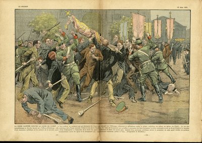 Illustration av Eugene Damblans (1865-1945) i Le Pelerin, 27/06/37 - Korset mot Kristi kors i Hitlertyskland - Tyskland Preussen, Religion Tro, Folkmassa, Slåss, Rättande, Gammee Cross, Christian Cross, Katolik Katolicism - Såld av Eugene Damblans