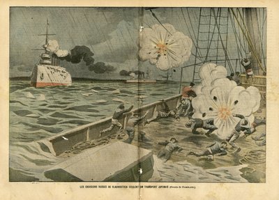 Illustration av Eugene Damblans (1865-1945) i Le Pelerin, 28/02/04 - De ryska kryssarna i Vladivostok sänker en japansk transport - Armee, Maritime Marine Seaside, rysk-japanska kriget, krigsfartyg, Vladivostok - Sjömän, sjömän av Eugene Damblans