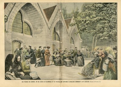 Illustration av Eugene Damblans (1865-1945) i Le Pelerin, 28/08/04 - Vid poolerna i Lourdes, i dessa dagar av pelerinager och böner, ber hundratals patienter om deras krig - Medicin, Religion Tro, Arkitektur Stadsplanering , katolsk katolik av Eugene Damblans