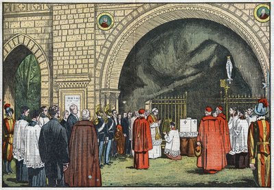 Framför "Grotto de Lourdes", i Vatikanens trädgårdar, välsignade påven Pius XI den första stenen i Propagandakollegiet som skulle resa sig på Janicule. Illustration av Damblans. I "Le Pelerin" den 3 juni av Eugene Damblans