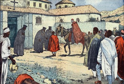 Monsignor Lepicier av Marias tjänareorden, ärkebiskop av Tarsus, togs emot i det koptiska klostret Debre-Bizen med anledning av ett apostoliskt besök i Abessinien (Etiopien). Illustration av simning. I "Le Pelerin"" i augusti av Eugene Damblans
