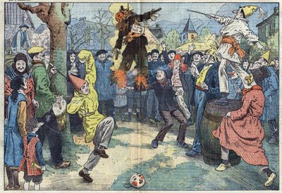 Gamla seder: kremeringen av "" karnevalen", på kvällen Mardi Gras (Mardi-Gras), representerar nöjen och goda kära övergivna vid tröskeln till Careme. Illustration av Damblans. I "" Le Pelerin"" den 16 mars av Eugene Damblans
