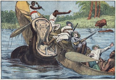 På Victoriasjön, Afrika, kapsejseras en båt ockuperad av anglikanska missionärer och ursprungsbefolkningar av en skadad flodhäst. Illustration av Damblans. I "" Le Pelerin"" den 16 maj av Eugene Damblans