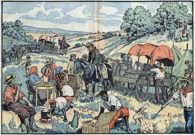 Befolkningsmigration i Afrika: 2000 boer lämnar den portugisiska kolonin Angola med transport till de mer bördiga regionerna i Sydafrika. Illustration av Damblans i "" Le Pelerin"" den 30 september av Eugene Damblans
