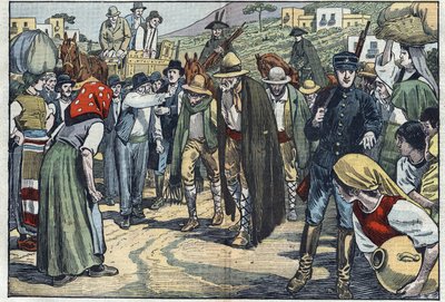Rånare arresterade av den italienska fascistpolisen. Sicilien, Italien. Illustration av Damblans. I "" Le Pelerin"" den 14 februari av Eugene Damblans