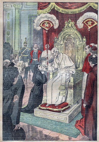 Den heliga Therese av Jesusbarnet (eller Lisieux 1873-1897), fortfarande en ung flicka vid foten av påven Leon XIII, fick hon gå in i Karmel vid femton års ålder 1888 - illustration av Damblans från 1923 av Eugene Damblans