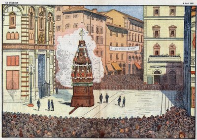 Scoppio del Carro (explosion av vagnen) folkevenemang i staden Florens - illustration av Damlans i april 1928 av Eugene Damblans