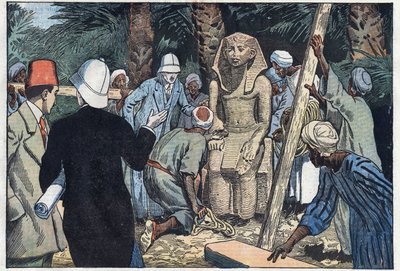Det franska arkeolgiska uppdraget upptäcker en staty av tonåringen Sesostris III som kommer att föras till Louvren. Medamoud, forntida Thebe, Egypten. Illustration av Damblans. I "" Le Pelerin"" den 22 november av Eugene Damblans