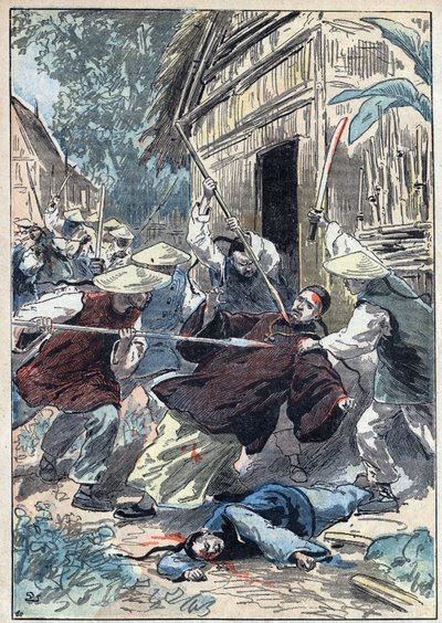 Den franske prästen Berthollet (1865-1898), präst för utrikesmissionerna, mördades av kinesiska nationalgardister nära staden Yun Ngan Cheou (Yun-Ngan-Cheou) den 21 april 1898. Illustration av Damblans i "" Le Pelerin" ” den 10 juli av Eugene Damblans