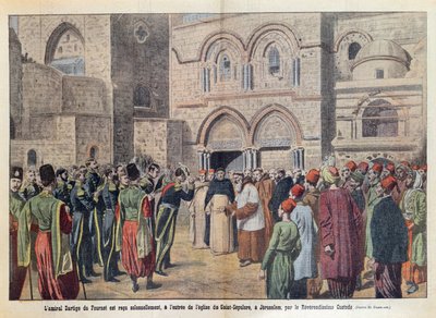 Mottagandet av amiral Dartige du Fournet (1856-1940) i den heliga gravens kyrka i Jerusalem, illustration från tidningen Le Pelerin den 2 augusti 1911. av Eugene Damblans