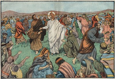 Förökningen av bröd: vid Tiberiadsjöns strand tillfredsställde Jesus Kristus (Jesus Kristus) befolkningen genom att multiplicera fem kornbröd och två fiskar. Illustration av Damblans. I "" Le Pelerin"" den 18 mars av Eugene Damblans