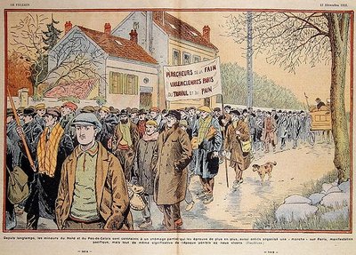 Arbetslösa gruvarbetare från norra Frankrike och regionen Pas-de-Calais marscherar till Paris, illustration från 