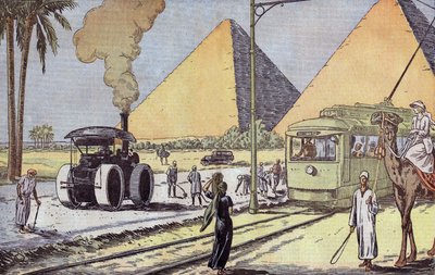 Utsikt över Giza-pyramiderna i Egypten, illustration av Eugene Damblans från franska tidningen "Le Pelerin" 1 januari av Eugene Damblans