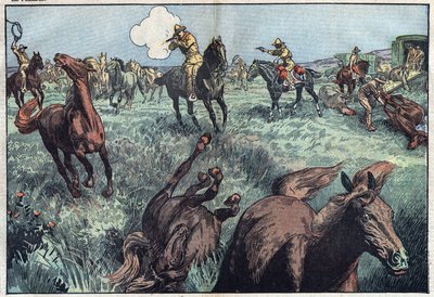 Vilda hästar slaktas i USA. Illustration av Damblans. I "" Le Pelerin"" den 31 januari av Eugene Damblans