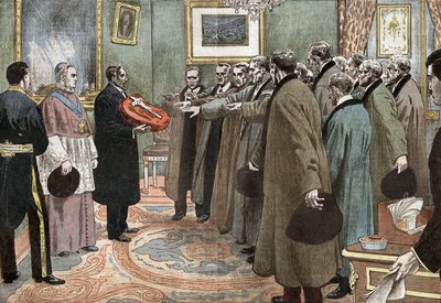delegater från republiken Andorre med biskop av Urgel som avlägger lydnadseden till Frankrike, illustration av Damblans från tidningen "Le Pelerin" 3 maj av Eugene Damblans