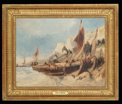 Fiskebåtar på stranden, Bretagne av Eugene Deshayes