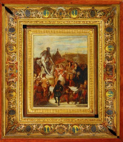 I Versailles trädgårdar överlämnar Puget sin staty av Milon av Croton till kung Ludvig XIV... av Eugene Deveria
