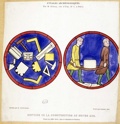 Byggnadshistoria under medeltiden: En liknelse av 1200-talets målade glasfönster, i Cathedrale de Chartres - teckning av Eugene Viollet-le-Duc (Viollet le Duc) (1814-1879) och med flera makoniska symboler. av Eugene Emmanuel (after) Viollet-le-Duc