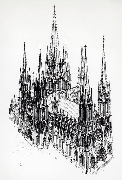 Isometrisk vy av den idealiska katedralen, teckning av Eugene Emmanuel Viollet-le-Duc (1814-1879) från Dictionary of French Architecture från 1000- till 1500-talet av Eugene Emmanuel Viollet le Duc