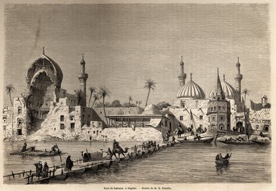 En båtbro, i Bagdad, ritning av Eugene Flandin (1809-1876), för att illustrera hans resa till Mesopotamien 1840-1842. Gravyr i ”” Le tour du monde”” 1861. Selvas samling. av Eugene Flandin